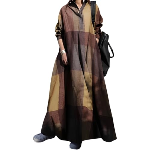 Womens Cotton Linen Plaid Long Sleeve Maxi Shirt Dress Lightweight Oversize Casual Loose Long Dresses with Pockets
