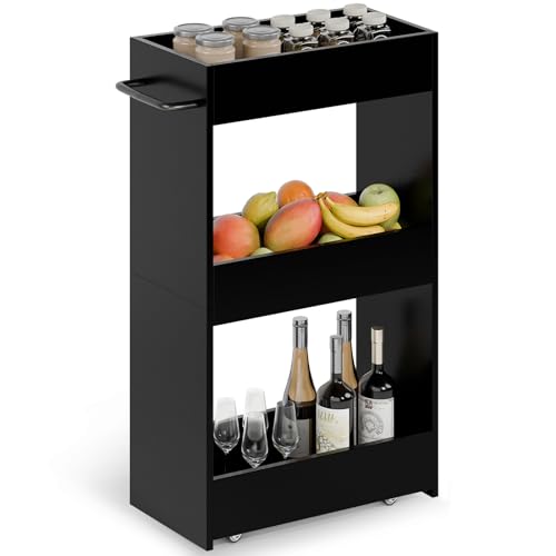 Image of MARTY Wood Rolling Storage Cart 7.9" W, 3 Tier Slim Utility Kitchen Cart on Wheels Laundry Room Bathroom Organizers Narrow Shelves with Handle Mobile Shelving Unit for Small Places, Black