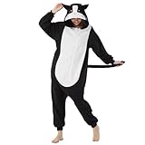 WAWRTOU Black Cat Onesie Pajamas for Adults Halloween Cat Costume Cosplay One-Piece Sleepwear