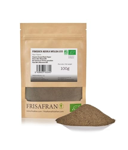 FRISAFRAN | Gemahlener Schwarzer Pfeffer Bio 100g | Reiner Pfeffer | gemahlen schwarzer Pfeffer | 100% ökologisch-natürlich | Intensiver Geschmack | Ideale Eintöpfe | Ohne Zusatzstoffe | Veganer