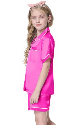 Image of Schbbbta Girls Womens Pajamas, Satin Silky Pjs Set Kids 2Pcs Button-Down Nightwear Sleepwear Gift for Mommy and me