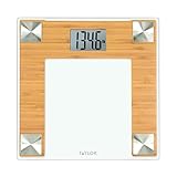 Taylor Digital Bath Scale for Body Weight, Bathroom Scale with Durable Glass Platform, 400 lb Capacity, Natural Bamboo and Spun Stainless Steel Accents