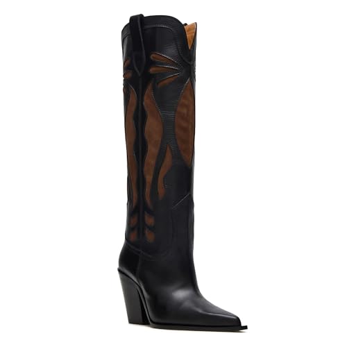 Cowboy Boots for Women Knee High Boots with Chunky Heel Retro Embroidered Western Cowgirl Shoes Pointed Toe Pull On2