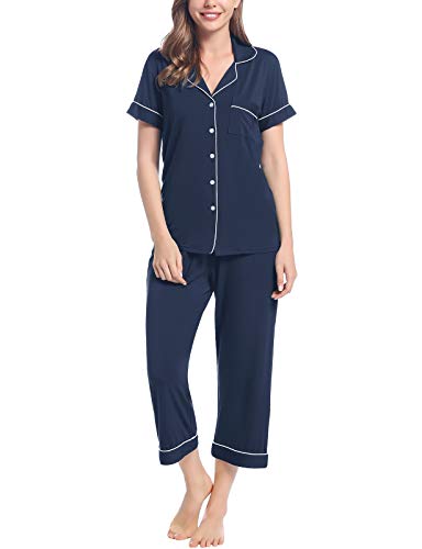Image of Joyaria Bamboo Viscose Cooling Pajamas for Women Capri Button Front Pjs Set | Ideal for Night Sweats, Hot Sleeper Friendly, Breathable & Moisture Wicking, Short Sleeve Top