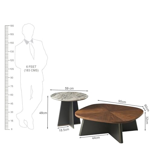 Image of The Attic Eclisse Modern Walnut & Stone Coffee Table Set - Designer Dual-Height Center Table with Artistic Geometry for Living Room Decor