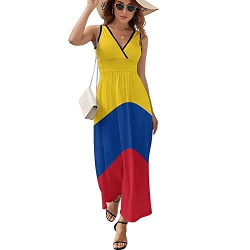 Colombian Flag Women's Fashion Summer V Neck Maxi Dress Loose Sleeveless Tank Dresses XL