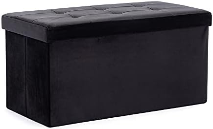 HNNHOME Large Ottoman Storage Box, Velvet Folding Padded Seat Bench Stool Foot Stool, Sofa Pouffes Footstool, Extra Storage Space for Hallay, Living Room and Bedroom (Black, 76x38x38)