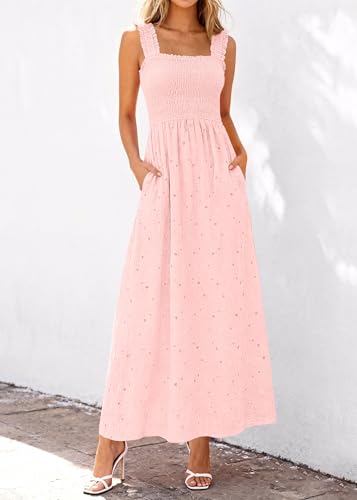 Image of KIRUNDO Summer Lace Dress for Women Eyelet Maxi Sundress | Boho Sleeveless Cotton Flowy Long Dresses, Wedding Guest, Beach Vacation, Baby Shower Guest Dress, Smocked Bust, With Pockets