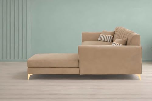 Image of Adorn India Premium Luster 6 Seater L Shape Sofa Set | Velvet Suede Fabric | 3-Year Warranty | RHS |Color Camel with Golden Legs & Striped Pattern Cushion