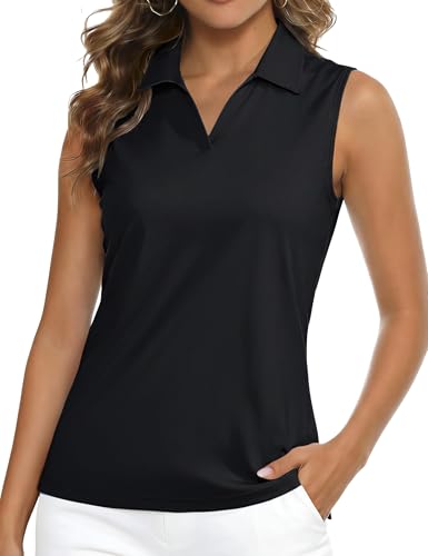 MAGCOMSEN Womens Polo Shirts Golf UPF 50+ Casual Sleeveless Tops Lightweight Sports Running Tennis Shirt Summer Fit V Neck Tank Top Black,L
