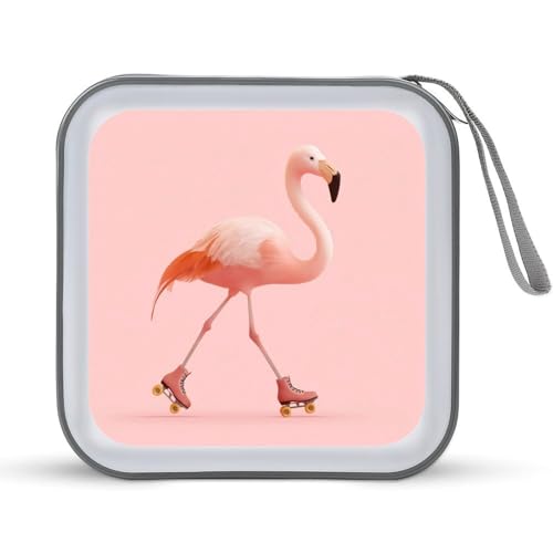 Cartoon Flamingo with Roller Skates CD Case DVD Storage Case Portable