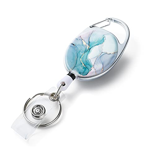 Badge Reels Retractable Double Sided Color Print Pattern Holders with Retractable Keychain and Clip, Durable Nylon Rope, Green Marble