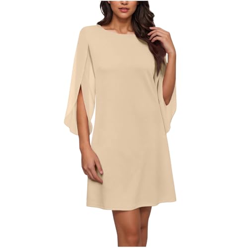 Zeiayuas Womens Summer Shift Dresses UK Elegant Chiffon Half Sleeve Tunic Dress Round Neck Casual Midi Dresses Solid Color Holiday Beach Party Dress for Office Work Khaki