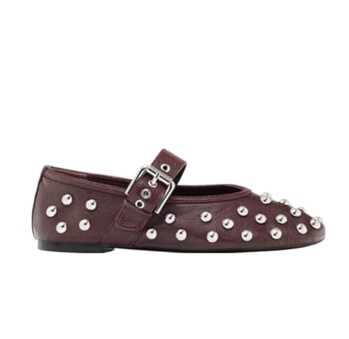 Studded Ballet Flats for Women Goth Emo Shoes Round Toes Mary Jane with Metal Buckle Straps Lightweight Leather Slip On Retro Punk Non-Slip Low Heel Dress Shoes Indoor Outdoor Rave Party Vacation