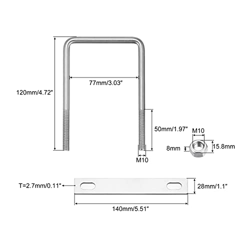 Image of uxcell Square U-Bolts, 77mm(3.03 inch) Inner Width 120mm Length M10 304 Stainless Steel U Clamp Bolt with Nuts and Plates, for Boat Trailer