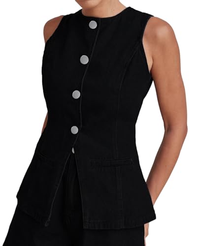 Kedera Women's Button Down Denim Vest Sleeveless Tank Tops Crew Neck Slim Fit Jean Jacket Waistcoat with Pockets