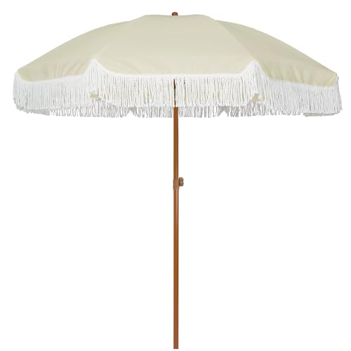 Image of AMMSUN 7ft Patio Umbrella with Fringe Outdoor Tassel Umbrella UPF50+ Premium Steel Pole and Ribs Push Button Tilt, Light Beige