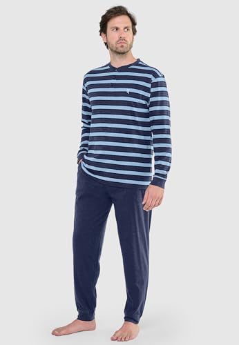 El Búho Nocturno Mens Pajama Set Long Sleeve Knit Premium Striped Pajama Set for Men, 95% Cotton, 5% Viscose, Blue 5583, XXL2