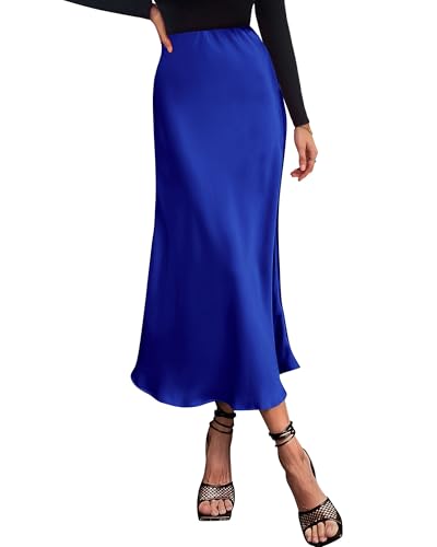 BTFBM 2025 Womens Summer Fall Long Satin Skirt Silk Elegant High Waist Cocktail Party Wedding Flowy A-Line Midi Skirts(Royal Blue, Small)