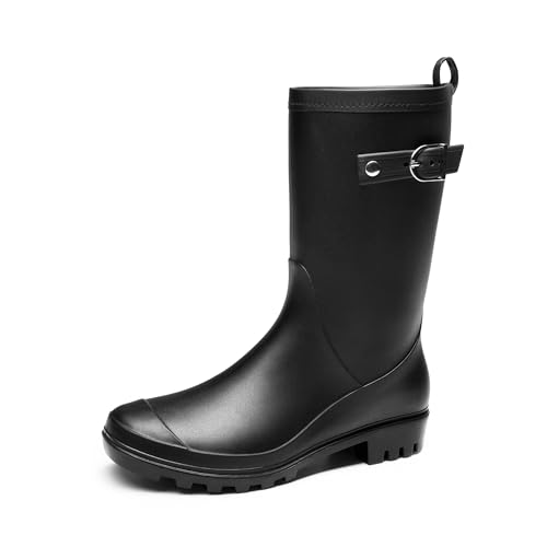 DREAM PAIRS Damen Gummistiefel Hohe Regenstiefel mit verstellbarer Schnalle und niedrigem Absatz,Size 39,Schwarz,SDRB2408W-E