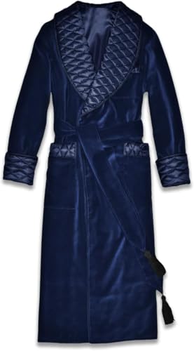 Men's Velvet Dressing Gown Silk Warm Luxury English Vintage Gentleman Robes Smoking Long Jacket Blue