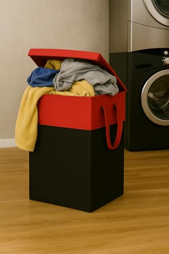 Image of Homerz Premium Folding Laundry Basket for Clothes with lid and handles, 24X17X47 inch size, Laundry Bag Cloth Basket Non Woven Laundry Bin Laundry Bags for Clothes Freestanding (Red)