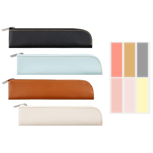 Image of 4Pcs Slim Leather Pencil Pouch with 60 Label Stickers | PU Leather, Waterproof, Soft, Compact 7.87x1.57 Inch, 4 Classic Colors, Zipper Closure, for Pens Coins Cosmetics