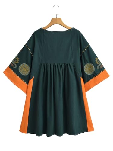 Image of Joiemont Womens Oversized Embroidered Dress with V-Neck and 3 /4 Sleeves Vintage Embroidery Babydoll Dress