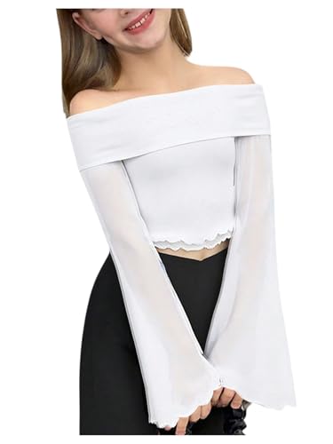 Girl's Off The Shoulder Tops Sheer Mesh Bell Sleeve Crop Top Elegant Fitted T Shirts