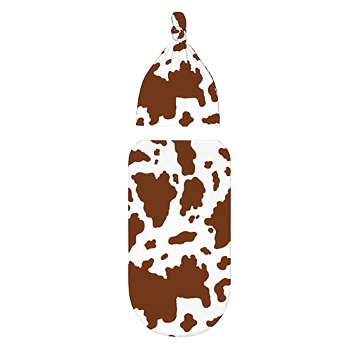 Image of Brown Cow Print Newborn Swaddle Blankets with Hat Sets,Newborn Receiving Blanket for Boy Girl,Swaddle Sack Shower One Size