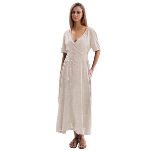 Amazhiyu Womens Linen Short Sleeve V Neck Wrap Maxi Dress Belt Tie with Pockets Flax, Medium