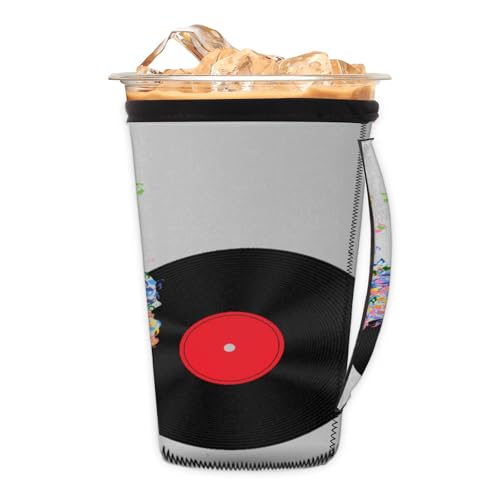 Color Music Notes Reusable Neoprene Coffee Sleeve with Handle Insulated Iced Coffee Cup Holder Reduces Condensation Fits 24-28 oz Cups M