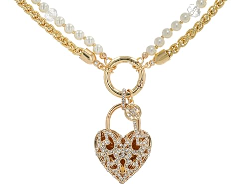 JTV Gold Tone Heart Lock & Key Necklace for Women – White Crystal & Pearl Simulant Pendant with Interchangeable Chains – Elegant Jewelry Gift Box Included