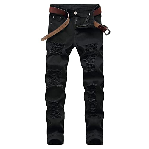 Image of Men's Ripped Slim Fit Jeans Straight Leg Denim Pants