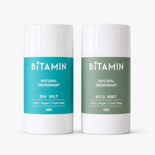 Image of BITAMIN Natural Deodorant Roll on Stick for Men | Alcohol & Paraben Free | Long Lasting Odour Protection Vegan | Zinc, Vit C, Coconut Oil & Shea Butter | Sea Salt & Wild Root | 30g Each | Pack of 2