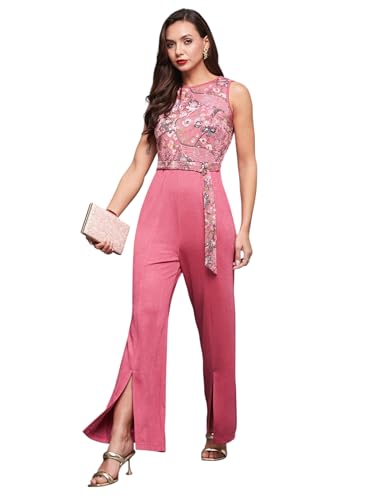 Image of Miss Chase Women's Halter Neck Sleeveless Solid Wide Leg Sequin Paneled Regular Length Jumpsuit