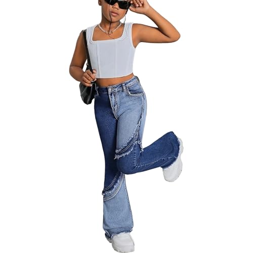 Girls Ripped Flare Jeans Skinny Patchwork Kids High Waisted Denim Pants Bootcut Slim Zipper Vintage Bell Bottom4