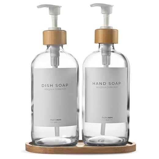 MaisoNovo Glas Seifenspender Bambus 2er-Set - 500 ml Transparent Spüli Und Seifenspender Küche mit Weiß Bambus Pumpen, mit Tablett, Wasserfeste Etiketten