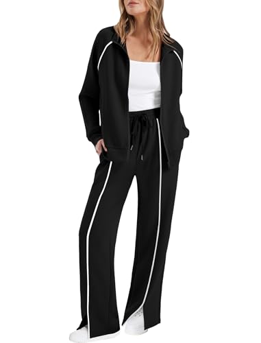 Sampeel Two Piece Sets for Women lounge Fall Travel Outfits 2025 Zip Up Matching Sets Fashion Clothing Airport Outfits Workout Sweatsuits Pant Sets Black M