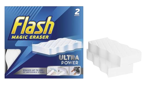 2x Flash Magic Eraser Sponge | Ultra Power Erases 100% Chemical Free Multi-Functional Sponge Long-Lasting Easy Cleaning for Crayon Grease and Grimes Comfort and Effortless Shine (Pack of 1 (2pc))