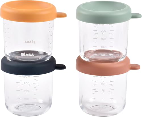 Image of BEABA 4 Pack Glass Baby Food Jars with Soft Silicone Air Tight Lids, 8 oz Glass Storage Containers with Lids, Microwave and Freezer Safe Containers, Sunrise