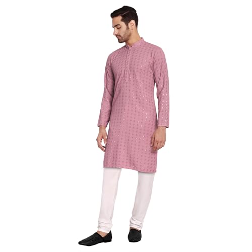 Image of Rayon Ethnic Wear Full Chikankari Sequin Embroidery Mirror Work Traditional Straight Kurta Pyjama Set for Men