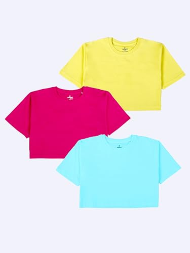 Image of KiddoPanti Girls 100% Cotton Solid Drop Shoulder Half Sleeve Round Neck Crop Tee