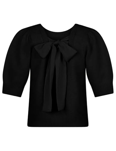 Image of Seyumixi Women Cute Bow Sweater Puff Short Sleeve Crewneck Knitted Shirt Bowknot Tie Back Knit Pullover Tops