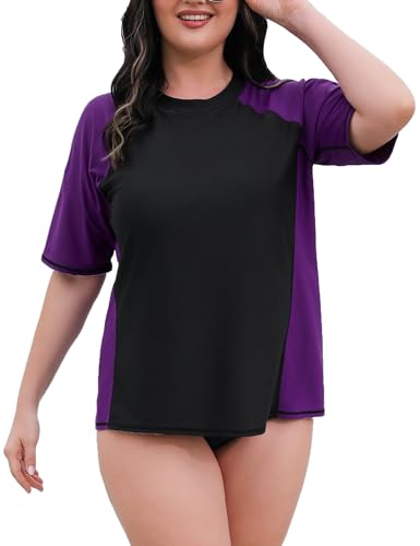 Halcurt Women's Plus Size Short Sleeve Rash Guard Swimsuit Top with Built in Bra Swim Shirt UPF50+ Bathing Suit
