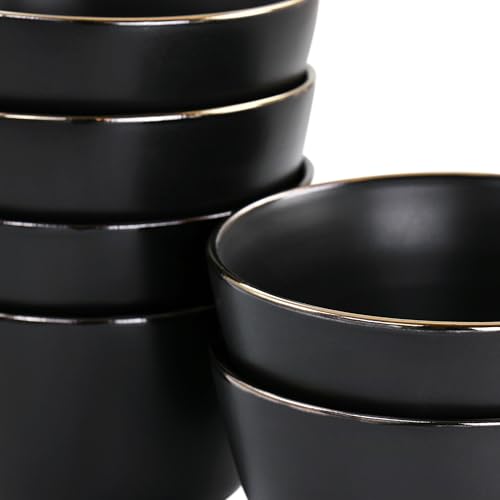 Arthur Paul Matt Black Stoneware Bowl Set with Gold Rim, 6-Piece