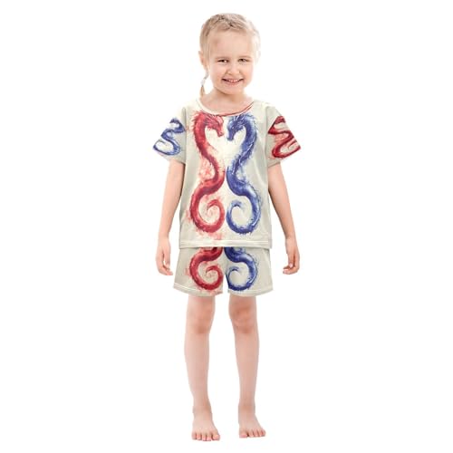 ALAZA Dragon Blue Red Watercolor Pajamas Set Short Sleeve Cotton Sleepwear Summer Pjs 2 Piece 5-14Y3