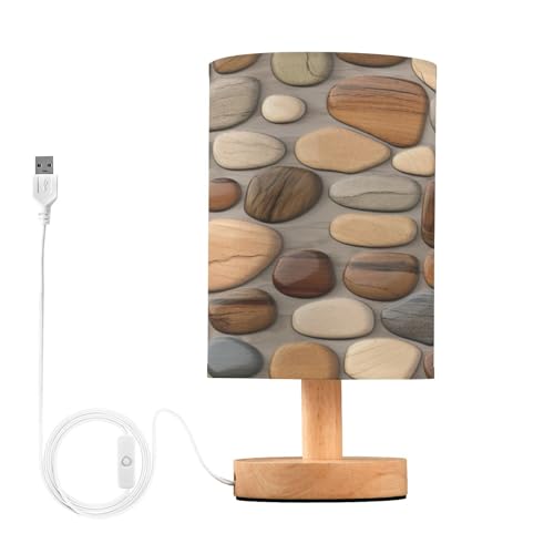 SDMKA Wooden Stones Texture Bedside Table Lamp for Bedroom, Minimalist Nightstand Lamp with Round Fabric Shade for Living Room, Office, No Bulb Required