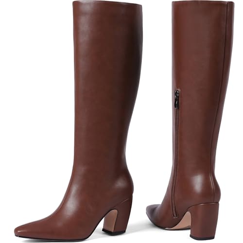 Women's Knee High Boots, Comfortable Square Toe Faux Leather Boot Fashion Long Tall Boots for Riding Wide Calf Chunky High Heeled Dress/Casual Boot2