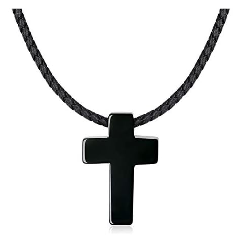 COAI Religious Jewelry Black Obsidian Stone Cross Pendant Necklace Cover